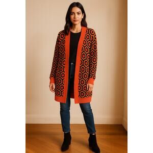 OXKNIT Cotton Oversized Cardigan Fall Sweater XL Orange Black Geometric Knit